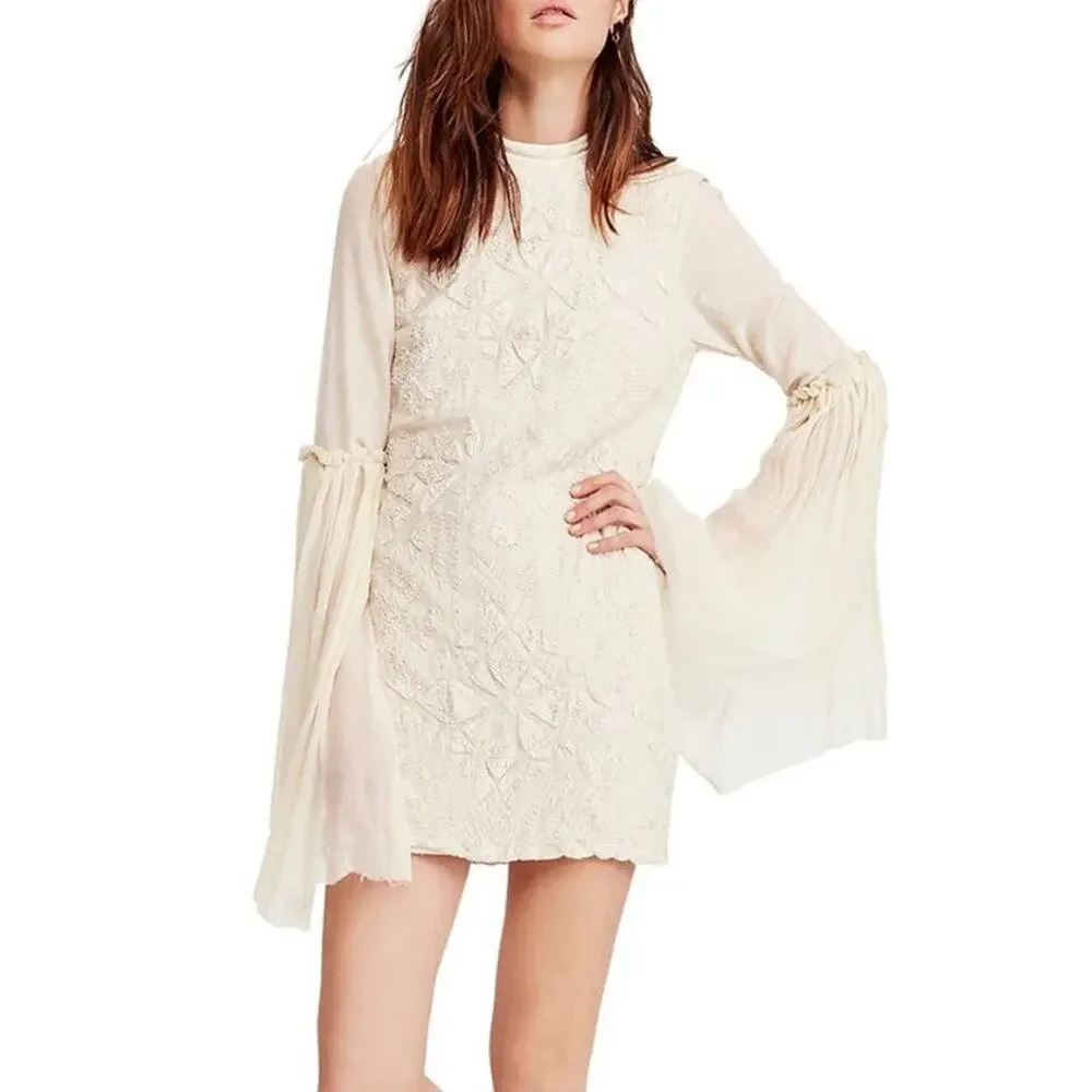Free People Cleo Embroidered Mini Dress Bell Sleeves Open Back Size 0 NEW